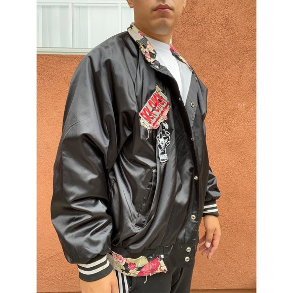 Satin Baseball Jacket/Striped Trim with custom Floral - Picture 4 of 4